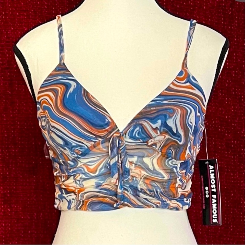 Almost Famous ‘Mesh Tie Ruched Cropped Tank Top’ Blue/cream/orange size M